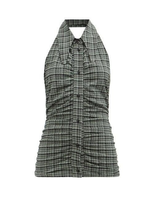 Ganni - Halterneck Check Seersucker Sleeveless Top - Womens - Green Multi