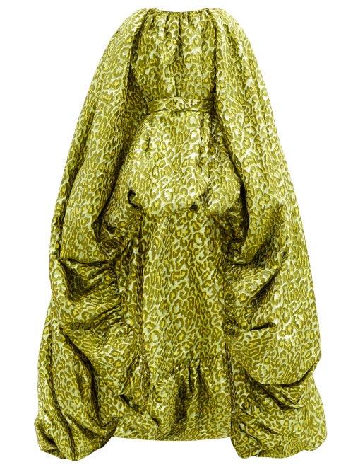 Matchesfashion.com Halpern - Cape Bubble-hem Leopard-brocade Gown - Womens - Green