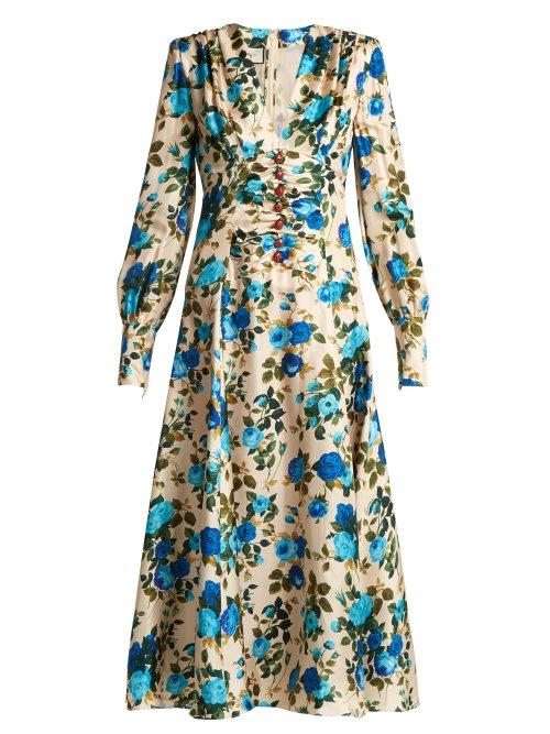 Matchesfashion.com Gucci - Rose Print Silk Twill Midi Dress - Womens - White Multi