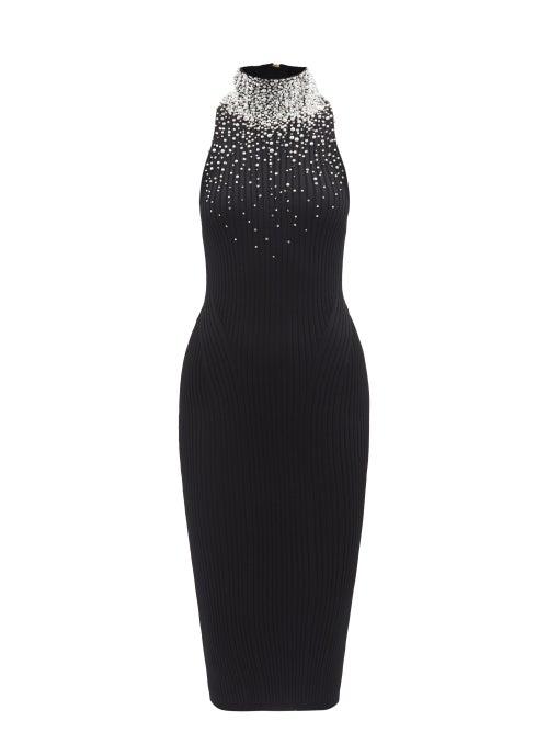 Balmain - Faux Pearl-embellished Ribbed-jersey Midi Dress - Womens - Black
