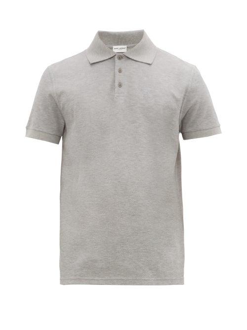 Matchesfashion.com Saint Laurent - Monogram Embroidered Cotton Pique Polo Shirt - Mens - Grey