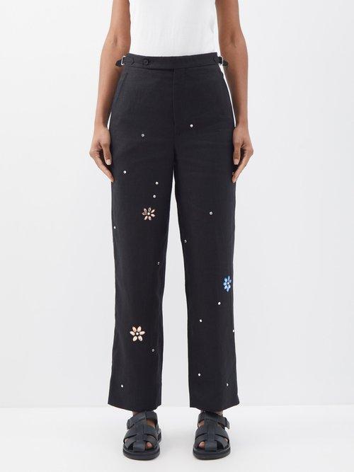 Bode - Flower Gem Crystal-embellished Linen Trousers - Womens - Black Multi