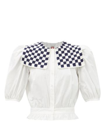 Shrimps - Doria Checked-collar Cotton-poplin Shirt - Womens - White Multi