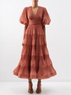Zimmermann - Technical-pleated Puff-sleeve Midi Dress - Womens - Brown