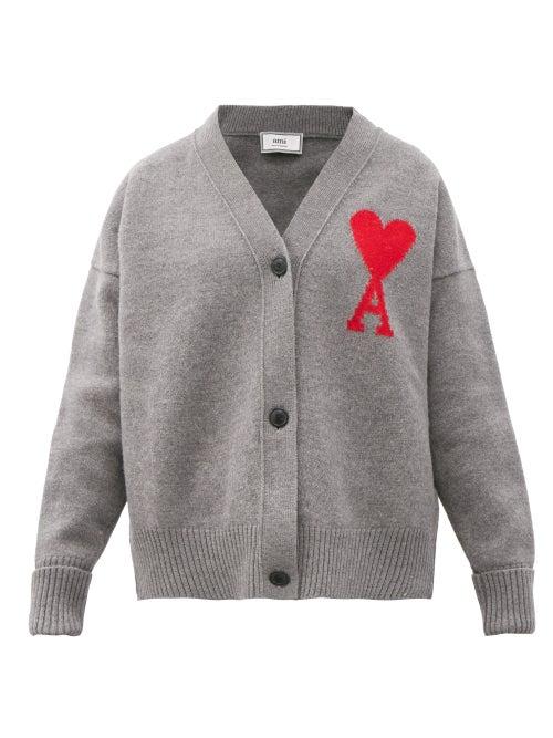 Matchesfashion.com Ami - Logo-intarsia V-neck Merino-wool Cardigan - Womens - Grey