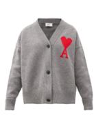 Matchesfashion.com Ami - Logo-intarsia V-neck Merino-wool Cardigan - Womens - Grey