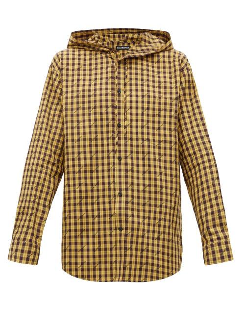 Matchesfashion.com Balenciaga - Hooded Logo Print Tartan Cotton Shirt - Mens - Black Yellow