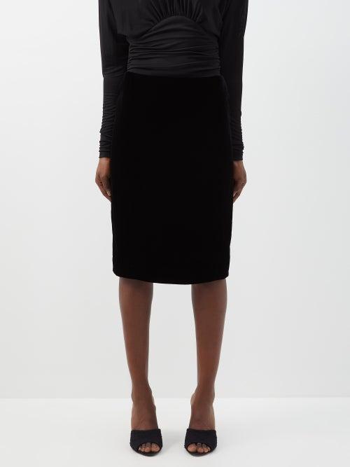 Saint Laurent - Velvet Midi Pencil Skirt - Womens - Black