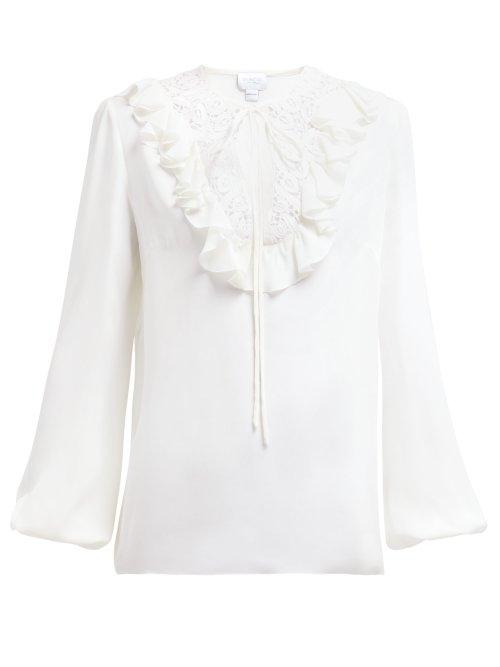 Matchesfashion.com Giambattista Valli - Ruffled Lace Trim Silk Blouse - Womens - Ivory