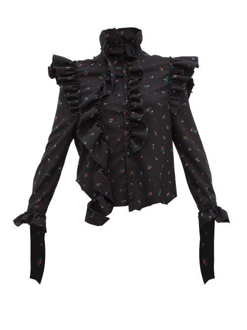 Matchesfashion.com Vetements - Ruffle Trim Floral Print Crepe Blouse - Womens - Black Multi