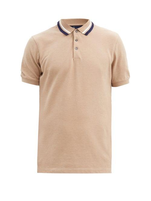 Matchesfashion.com Brunello Cucinelli - Striped-collar Cotton-piqu Polo Shirt - Mens - Light Brown