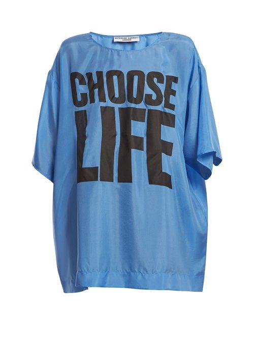Matchesfashion.com Katharine Hamnett London - Choose Life Print Silk T Shirt - Womens - Blue