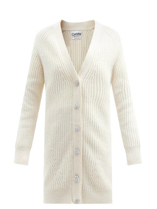 Ganni - Crystal-button Ribbed Longline Cardigan - Womens - Cream