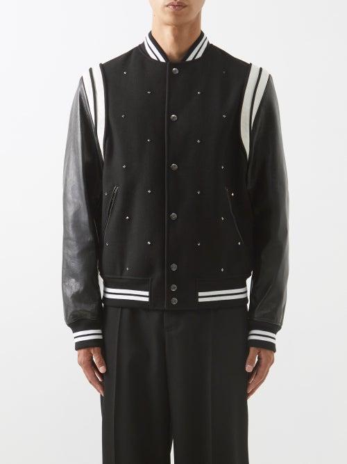 Valentino - Leather And Wool Varsity Jacket - Mens - Black White