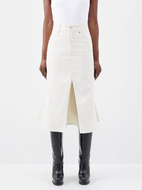 Alexander Mcqueen - Slit-front Flared Denim Midi Skirt - Womens - Ivory