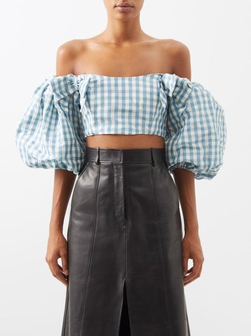 Alessandra Rich - Vichy-check Off-the-shoulder Silk-blend Top - Womens - Light Blue