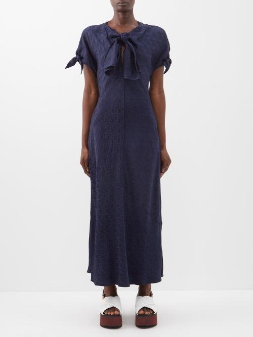 Marni - Tie-neck Jacquard-satin Dress - Womens - Navy