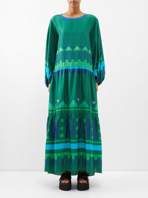 La Doublej - Vesta Geometric-print Silk-voile Dress - Womens - Green Multi