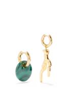 Timeless Pearly - Mismatched Malachite & Gold-plated Hoop Earrings - Womens - Green Gold