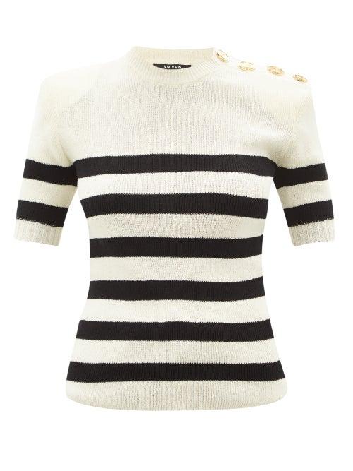 Matchesfashion.com Balmain - Breton Stripe Short-sleeve Cotton-blend Sweater - Womens - Black White