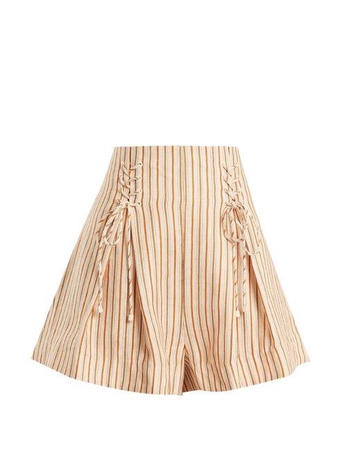 Matchesfashion.com Zimmermann - Painted Heart Lace Up Striped Linen Shorts - Womens - Pink Multi