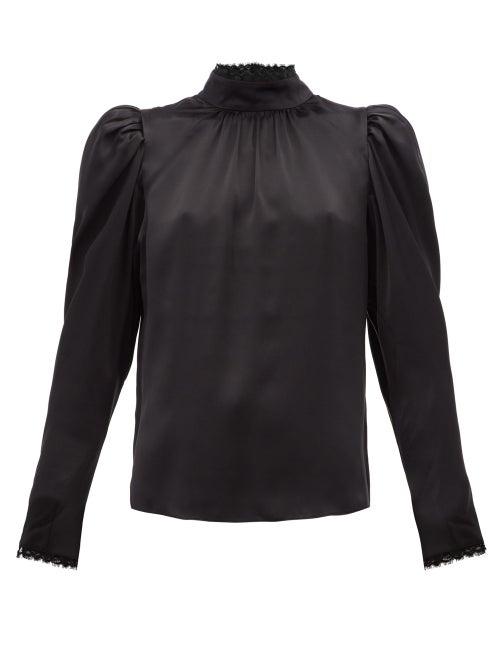 Matchesfashion.com Frame - Lace Trimmed Silk Satin Blouse - Womens - Black