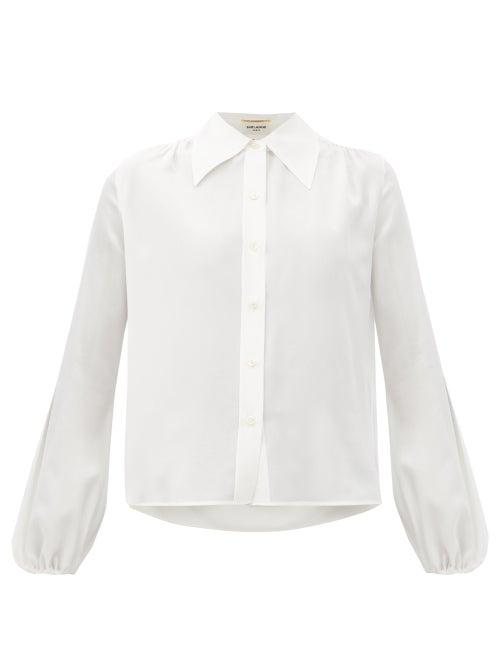 Matchesfashion.com Saint Laurent - Spread-collar Gathered Silk-georgette Shirt - Womens - White