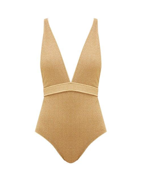 Matchesfashion.com Osree - Lumiere V-neck Metallic Swimsuit - Womens - Gold