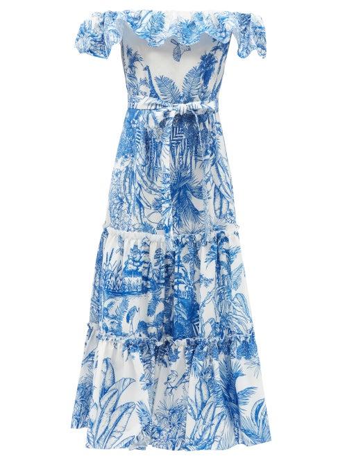 Ladies Beachwear Mary Mare - Cannes Off-the-shoulder Cotton-blend Midi Dress - Womens - Blue White