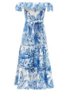 Ladies Beachwear Mary Mare - Cannes Off-the-shoulder Cotton-blend Midi Dress - Womens - Blue White