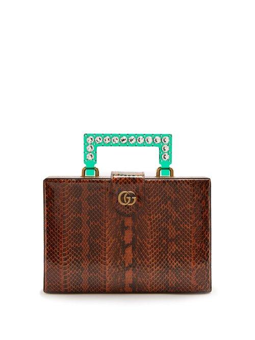 Matchesfashion.com Gucci - Broadway Embellished Perspex Handle Snakeskin Bag - Womens - Brown