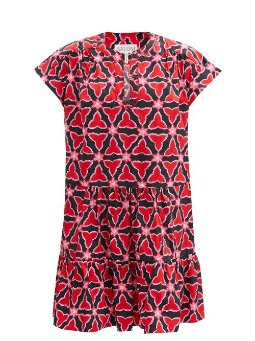 Saloni - Ashley-b Geometric-print Cotton Dress - Womens - Red
