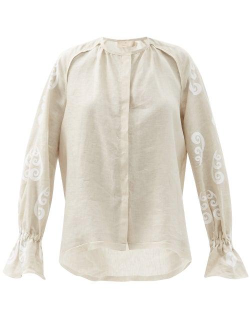 Matchesfashion.com Themis Z - Peacock Belted Linen Shirt - Womens - Beige