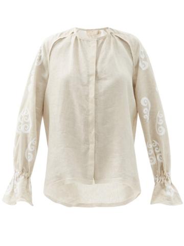 Matchesfashion.com Themis Z - Peacock Belted Linen Shirt - Womens - Beige