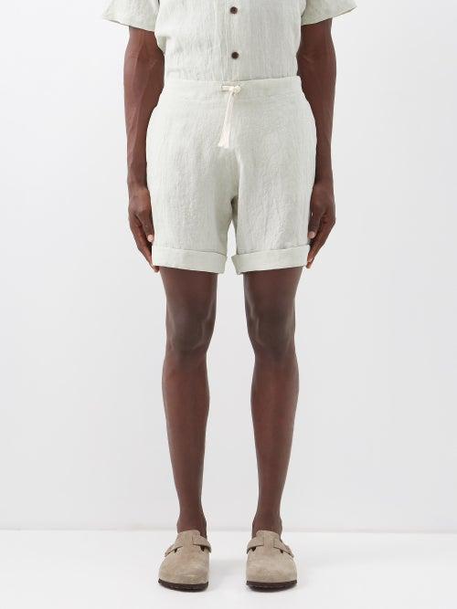 Maran - Cross-embroidered Linen-cambric Shorts - Mens - Light Green