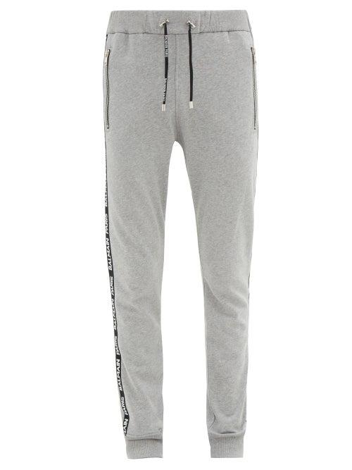 Matchesfashion.com Balmain - Elasticated Logo Webbing Cotton Blend Sweatpants - Mens - Grey