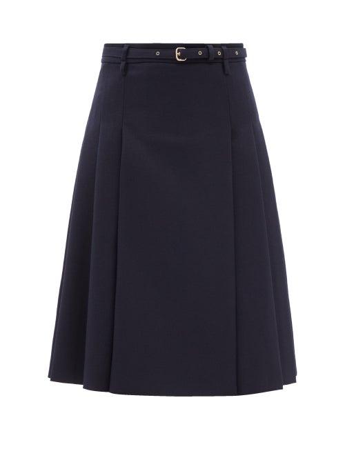 Redvalentino - Mid-rise Buckled Pleated Wool Midi Skirt - Womens - Navy
