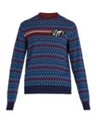 Matchesfashion.com Prada - Logo Intarsia Wool Blend Fair Isle Sweater - Mens - Blue Multi