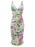 Dolce & Gabbana - Bluebell-print Ruched Silk-blend Charmeuse Dress - Womens - Green Multi