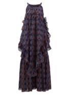 Matchesfashion.com Love Binetti - Jungle Oversized Ruffled Checked-cotton Maxi Dress - Womens - Blue Multi