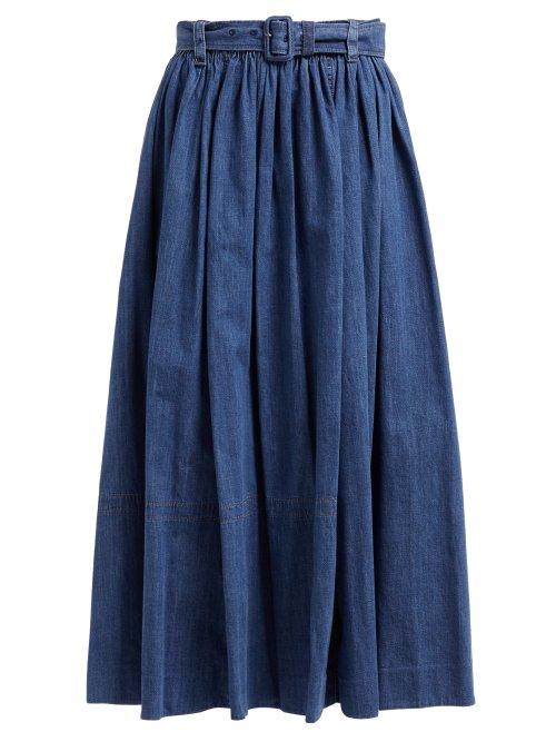 Matchesfashion.com Prada - Logo Printed Denim Midi Skirt - Womens - Denim