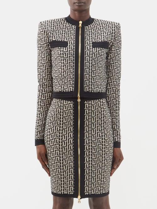 Balmain - Padded-shoulder Monogrammed Wool-blend Cardigan - Womens - Black Cream