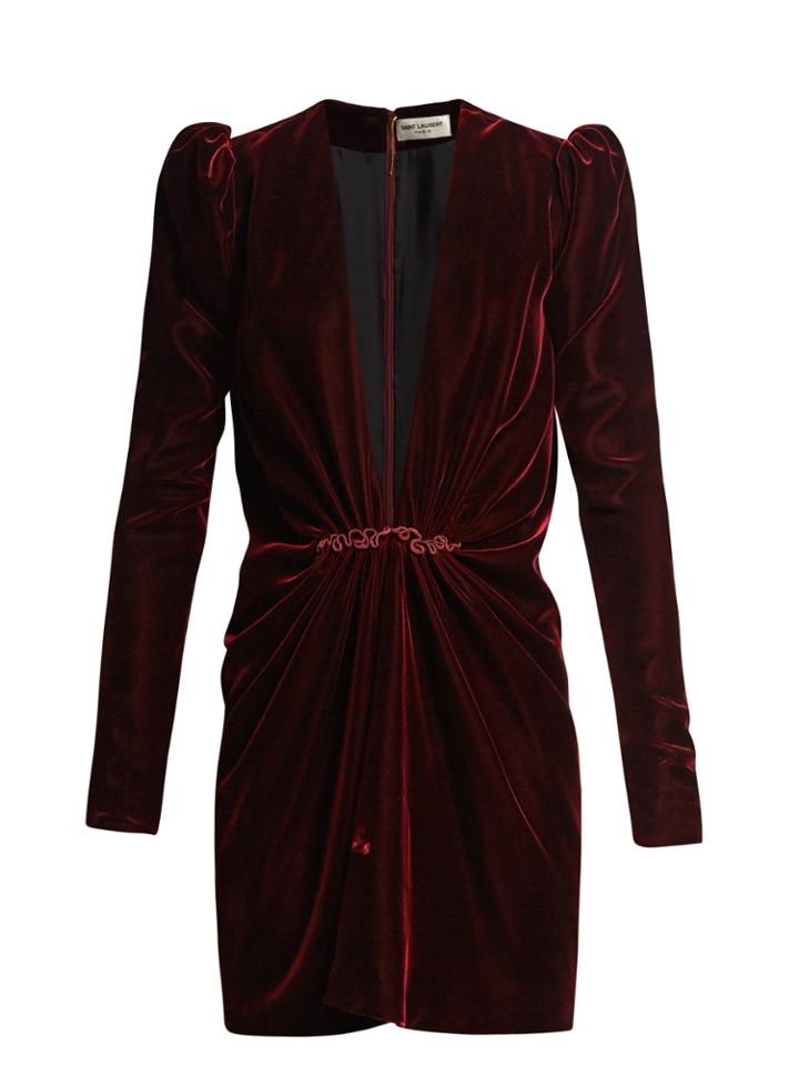 Saint Laurent Deep V-neck Ruched Velvet Mini Dress