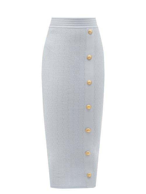 Ladies Rtw Balmain - High-rise Buttoned Rib-knit Pencil Skirt - Womens - Blue
