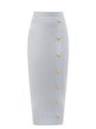 Ladies Rtw Balmain - High-rise Buttoned Rib-knit Pencil Skirt - Womens - Blue