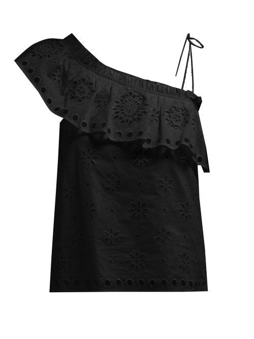 Matchesfashion.com Redvalentino - Ruffled One Shoulder Broderie Anglaise Top - Womens - Black