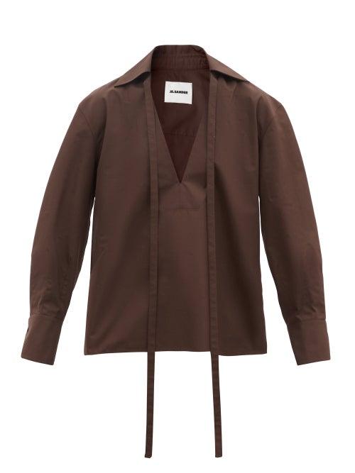 Ladies Rtw Jil Sander - Tie-neck Organic-cotton Poplin Blouse - Womens - Dark Brown