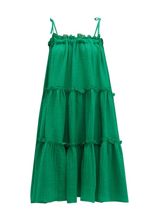 Matchesfashion.com Lisa Marie Fernandez - Ruffled Linen Blend Dress - Womens - Green