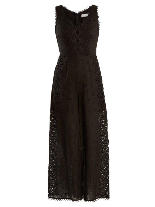 Matchesfashion.com Zimmermann - Helm Wide Leg Broderie Anglaise Linen Jumpsuit - Womens - Black