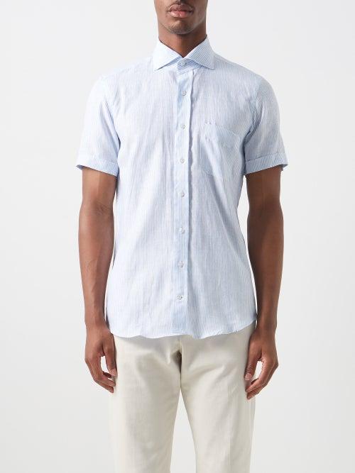 Thom Sweeney - Spread-collar Striped Linen-voile Shirt - Mens - Light Blue
